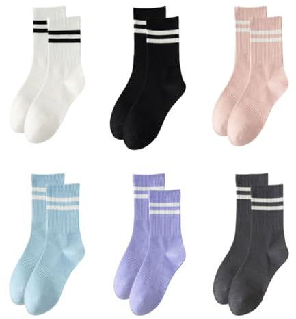 FrostyFlair 6 Pares Calcetines Mujer, 39-42 Rayas Algodón Calcetines de Tenis, Lindo Casual Calcetines Deportivos, Calcetines para Correr para Mujeres Regalos