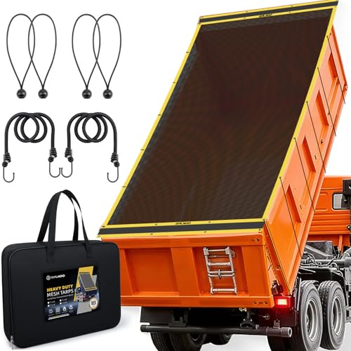 Rplndo 18oz Dump Truck Tarp 7 x 20 ft,Black PVC Coated Heavy Duty Cover with 5 Pocket, Dump Trailer Tarp with 6 Elastic Cords, Fits Dump Truck System,Weather & Tear Resistant