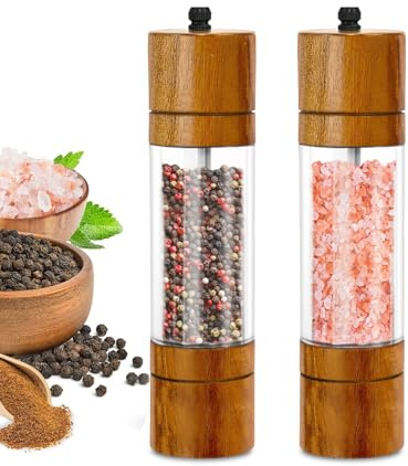 Salt och pepparkvarn träset, peppar och saltkvarn med justerbart keramiskt malverk, manuell kryddkvarn av akaciaträ, akryl, transparent