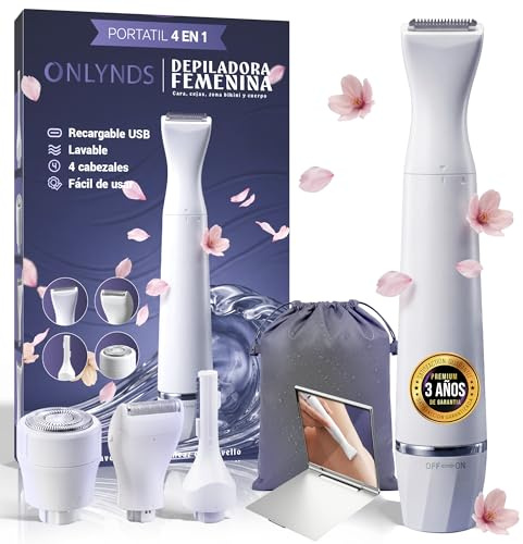 SUPER Afeitadora Eléctrica Mujer 4 en 1 Facial y Corporal | Depiladora Íntima Mujer IPX5 Uso Seco y Mojado | Rasuradora Mujer Zona Íntima BIKINI | 4 CABEZALES | Espejo y Bolsa Impermeable INCLUIDOS.