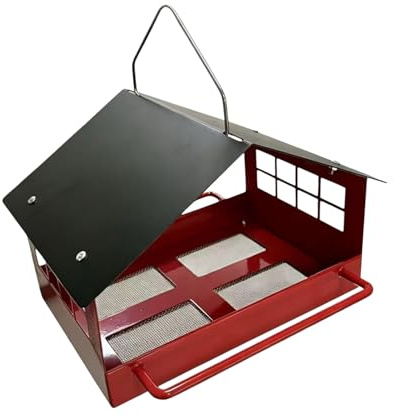 Mangeoire à Oiseaux en métal pour Usage extérieur, Plate-Forme Alimentaire en Forme de Maison avec Toit allongé, perchoirs latéraux et Plateau en de Drainage, Station de Nourriture pour Oiseaux