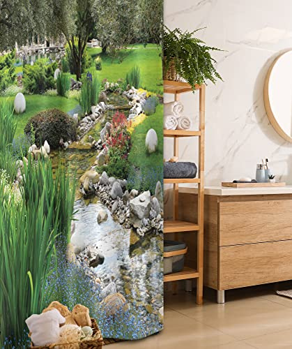 Ambesonne Garden Stall Shower Curtain, Garden Pond in Style with Flowing Stream and Wild Flowers Bushes Stones, Fabric Bathroom Decor Set with Hooks, 36 W x 72 L, Green