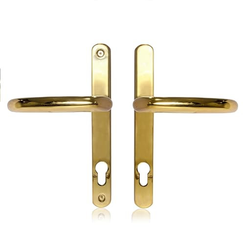 Uros Polished Brass UPVC Door Handle, (PZ 92mm, 211mm Screw Hole Distance, 243mm Overall) DDA Compliant, Long Backplate, Stainless Steel Front Door Handle