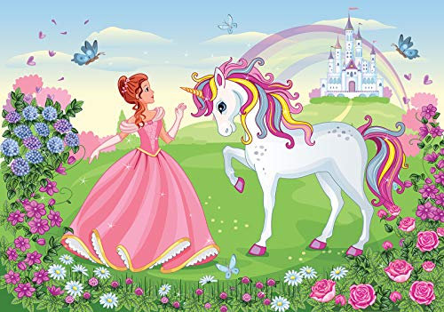 Forwall 13238VEL Papier peint photo intissé pour chambre d'enfant Motif princesse fille licorne château fleurs Décoration murale moderne pour enfant 152,5 x 104 cm
