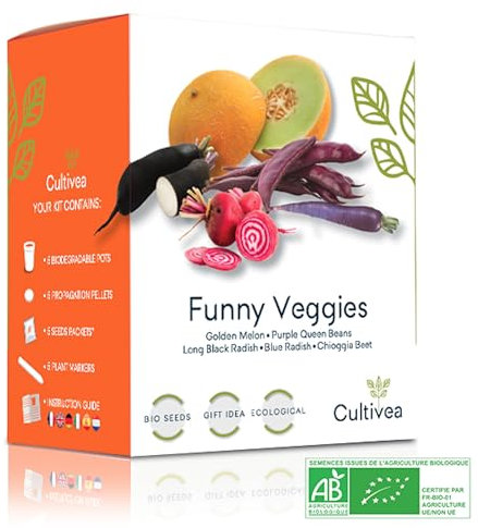 Cultivea® Mini Kit Prêt à Pousser Légumes Insolites - Graines 100% biologiques - Jardinez et dégustez -Idée Cadeau (Melon Boule d’Or, Haricot Nain Violet, Radis Noir, Radis Bleu, Betterave chioggia)