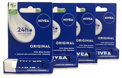 NIVEA Lip Balm Original Care Pack of 4 (4 x 4.8g) Protective Lip Moisturiser with Shea Butter and Natural Oils, Caring Lip Balm for 24h Moisture Care, Lip Care with Melt-In Formula