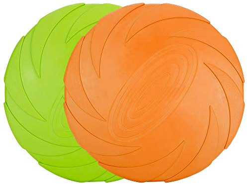 Vivifying Lot de 2 disques Volants pour Chien en Caoutchouc Naturel de 15 cm pour Terre et Eau (Vert + Orange)