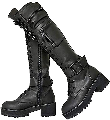 Botas de combate para mujer, con plataforma, cordones, tacón de bloque, botas de motocicleta, altas hasta la rodilla, bolsillo oculto, botas altas, botas de mujer hasta la rodilla, altas hasta la