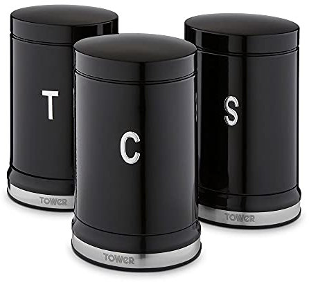 Tower T826171NOR Belle Set of 3 Canisters, Tea/Coffee/Sugar Storage, Noir, Steel, Black