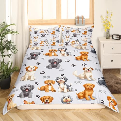 Feelyou Kids Cute Toddler Cartoon Dogs Comforter Cover for Boys Girls Pet Puppy Animal Lover Duvet Cover Lovely Dog Paw Bedspread Room Decor Quilt Queen Size (No Comforter)