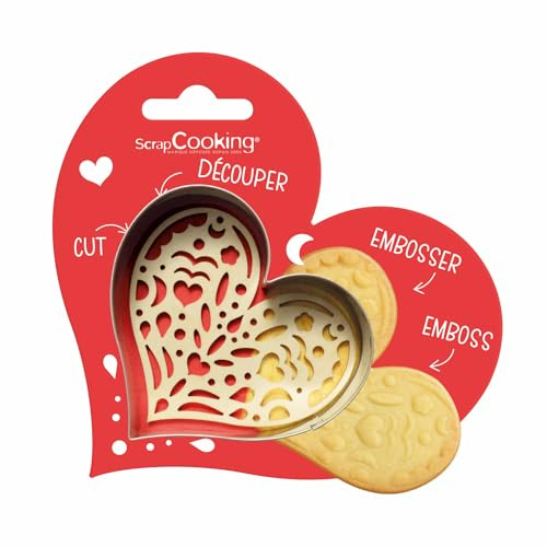 ScrapCooking - Kit Découpoir + Embosseur Bois Cœur - Emporte-Pièce en Inox pour Biscuits en Relief - Moule Accessoires Pâtisseries Sablés - Amour Saint Valentin - 2095