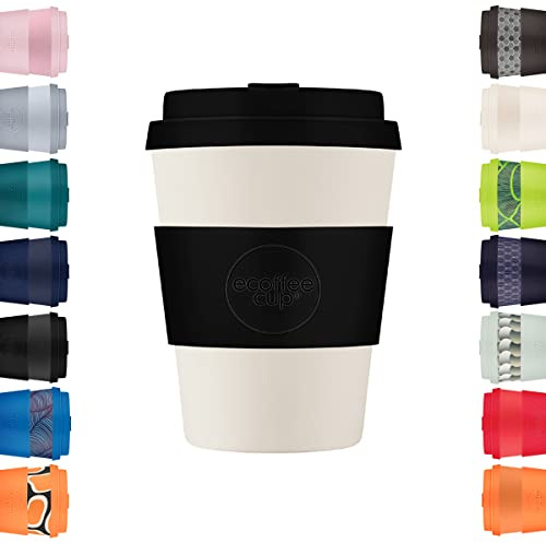 Ecoffee Cup 12oz (350ml) Reusable Coffee Cup – PLA Plant-Based Travel Mug with Silicone Lid, Melamine Free & Dishwasher Safe – Black Nature