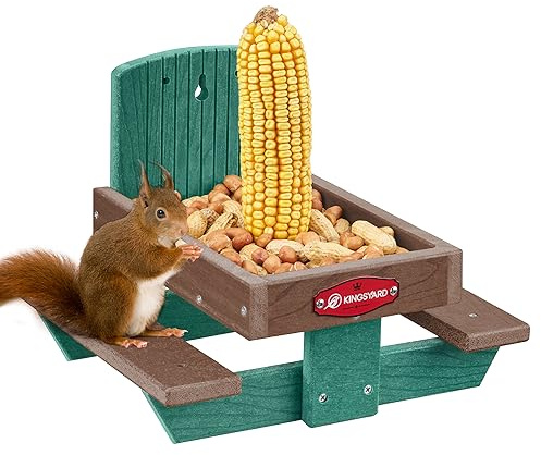 Kingsyard Squirrel Feeder Table for Outside, Recycled Plastic Squirrel & Chipmunk Picnic Table Feeder with Corn Cob Holder, 2 x Solid Structure Benches, Easy to Clean (Green)