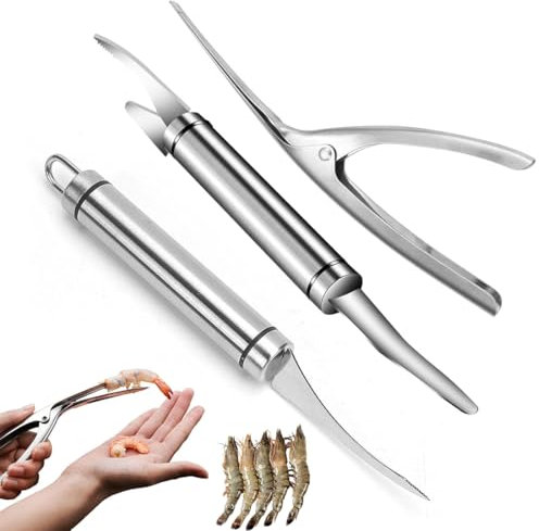 Duoleimi Set di 3 posate per aragosta in acciaio inox, pelapatate per gamberetti multifunzione, coltello ostrica e scagliatore per pesce, accessori come gamberetti e pesce.