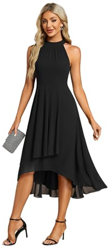 Ever-Pretty Midi Halter Neck Chiffon Wedding Guest Dress with Sleeveless and A-Line Women Dresses for Wedding Black 14UK
