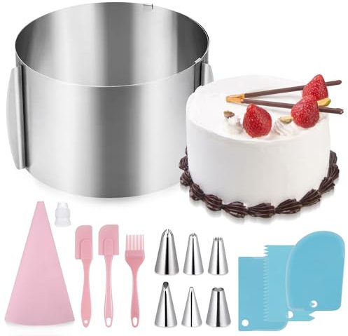 Kssvzz Tortenring Set, Premium Tortenring verstellbar hoch 15 cm, 16-30 cm Durchmesser, Edelstahl Backring Mit Skala & Spritz Set für die Einfache Zubereitung von Creme, Schicht und Motivtorten