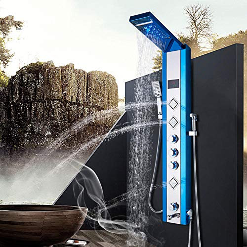 DRFGNF Pannello Doccia idroelettrico Blu Nero Colonna Doccia LED Pioggia Cascata Display LCD Digitale Bidet Spray Massaggio Vasca Doccia-Blu