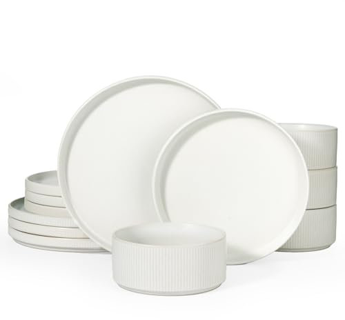 Richmount Star Plates and Bowls Set, 12 Pieces Dinner Set for 4, Stoneware Dinnerware Sets with Dinner Plates/Salad Plate/Cereal Bowls, Dishwasher & Microwave Safe, Matte White