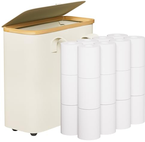 Yorbay 30L Cesta para Papel Higiénico con Tapa, Cesta de Almacenamiento de Papel Higiénico de Bambú para 12-16 Rollos, Organizador Papel Higienico para Baño, Espacios Reducidos, Beige