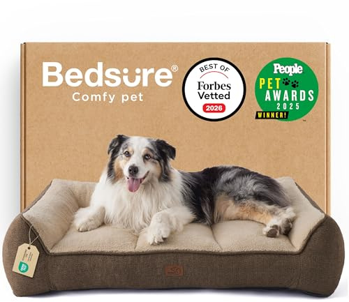 Bedsure XL Orthopedic Dog Beds Large - 106x76cm Extra Thick Supportive Dogs Sofa with Waterproof Washable Cover, Extra Large Pet Bed Sofa with Soft Plush Sherpa and Nonskid Bottom, Brown