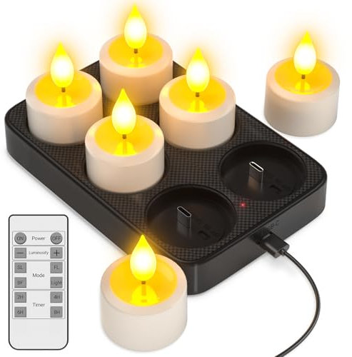 Yme 6er Aufladbare Teelichter mit Timer und Ladestation, LED Teelichter Wiederaufladbar Dimmbar Kerzen Flackernd mit Fernbedienung Timer für Zimmer Wohnzimmer Halloween Weihnachten Tisch Party Deko