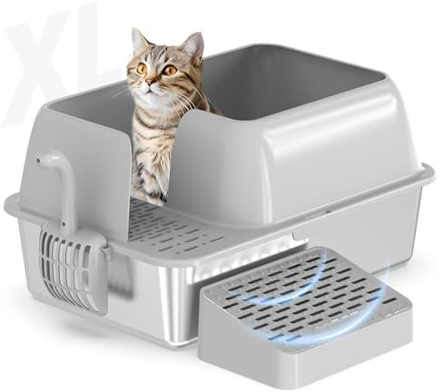 Katzenklo Edelstahl XXL, Katzentoilette 20L für Großkatzen, Edelstahl Katzentoilette mit hoher Seite, Auslaufsicher, Verschüttungssicher und Leicht zu Reinigen, 60cm x 40.5cm x 31cm (Style 2)