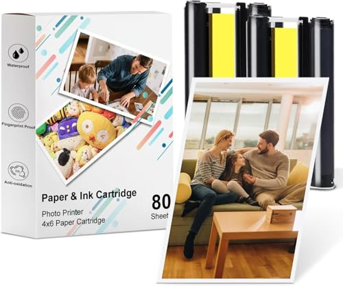 Pour Amber M100/M200 4x6 Papier photo 80 feuilles + 2 cartouches d'encre | Kit de recharge d'imprimante de sublimation de teinture | Impermeable et à l'oxydation | Affichage/encadrement