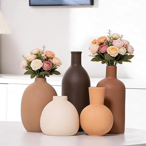 Set di 5 vasi moderni, in ceramica,per la casa per erba della pampa,fiori freschi essiccati,centrotavola boho per soggiorno,tavolo,tavolino da caffè,mensola del camino (Set di cinque vasi Coffee Mix)