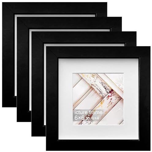 Dwitkul Set di 4 Cornici Foto 15x15cm Cornice Portafoto Quadrata in Legno MDF con Vetro Acrilico Passepartout per Montaggio a Parete o Tavolo (Nero)