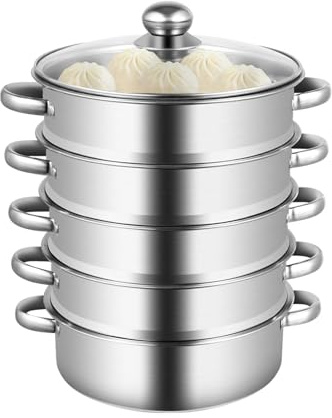 Set di pentole a vapore a 5 livelli, in acciaio inox, 26 cm, con coperchio in vetro, per cuocere verdure, frutti di mare, zuppe, stufati e pasta