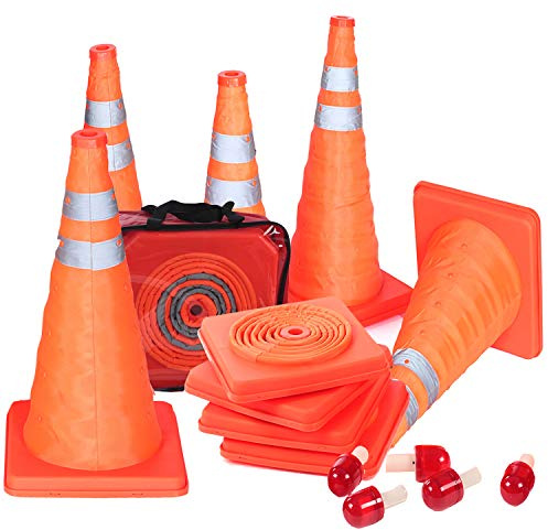 5PCS 18 Collapsible Traffic Cones with Nighttime LED Lights Pop up Safety Road Parking Cones Weighted Hazard Cones Construction Cones Fluorescent Orange w/2 Reflective Silver Strips Collar