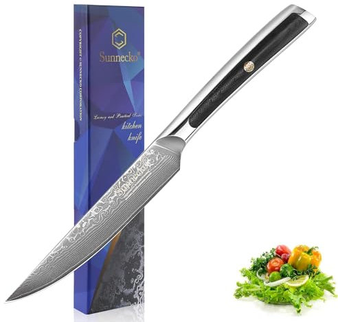 Sunnecko 13cm Steakmesser Damastmesser, Messer aus Damaststahl Klinge, Allzweckmesser mit G10 Griff