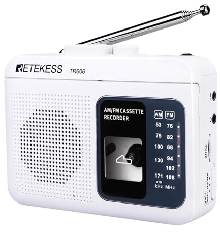 Retekess TR606 Cassette Tape Player, Cassette Player Recorder, Built-in Speaker, AUX/Microphone Jack, Support AUX Line in Record, AM FM Radio, Powered by DC or AA Battery (White)