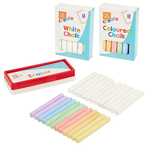 D.A.Y. Republic 25 Piece Chalk & Eraser Set, White and Multicolour Chalkboard and Pavement Chalk and Sponge Eraser, Ideal for Blackboard Drawing, Classroom, Playground, Pub Blackboard Art etc