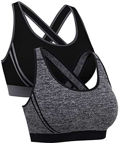 Litherday Sujetador Deportivo Mujer Sin Costuras de Alto Impacto Top Deportivo Push Up con Almohadilla Extraíble para Yoga Fitness Gimnasio y Running, Negro+Gris, S