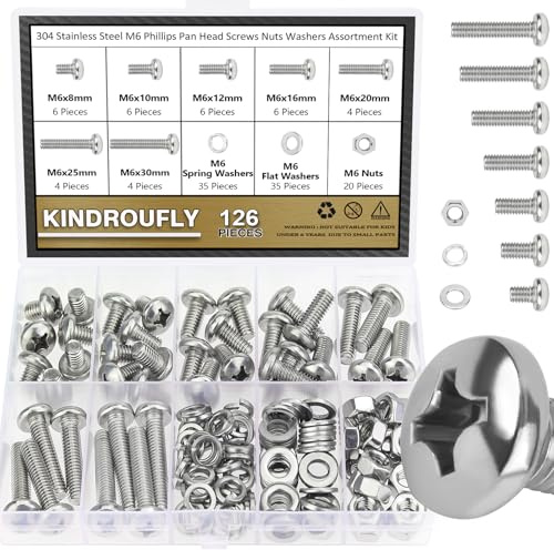 Kindroufly 126 Pieces M6 x 8/10 /12/16 /20/25 /30mm Phillips Pan Head Machine Screws Nuts Washers Assortment Kit, 304 Stainless Steel, Fully Machine Thread