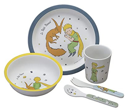 PETIT JOUR - Coffret Cadeau 5 Pièces Pour Enfant 6Mois+ - Mélamine - Sans BPA - Assiette 18cm, Timbale 160ml, Bol 250ml, Set De 2 Couverts 14cm - Lavable Au Lave-Vaisselle - Le Petit Prince - Bleu