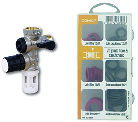 COMAP Groupe de sécurité 889 siège Inox droit pour chauffe eau, cumulus - 20x27 ou 3/4 - R110007001 & Coffret de 70 Joints fibre/caoutchouc