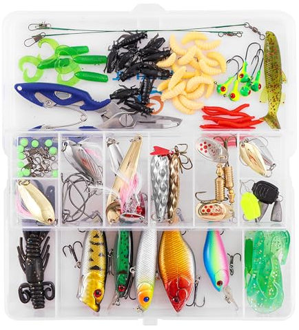 TUXIBIN 110PCS Angeln Köder gemischt einschließlich Spinner, VIB, Höhenhaken, Einzelhaken, Drehgelenke, Führer, etc. für Süßwasser-Salzwasser-Fischen, mit Aufbewahrungsbox 110-1