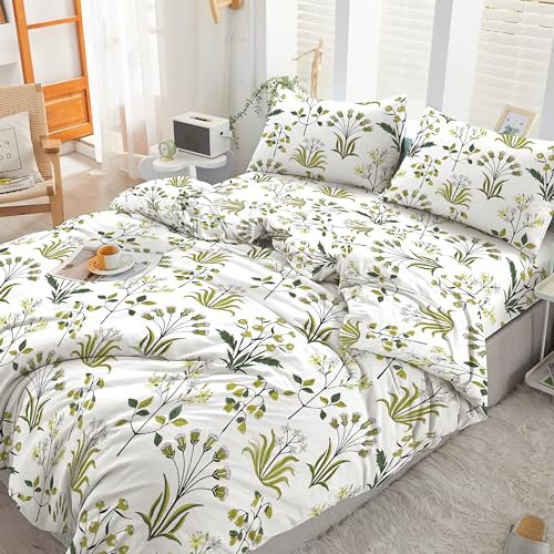 Cotton Comfort Bedding & Linen 3PCS King Size Duvet Cover Set 100% Egyptian Cotton Bedding King Size Bed Set 400 Thread Count Floral Printed Fern Green Duvet Cover King with Pillow Cases 2 Pack