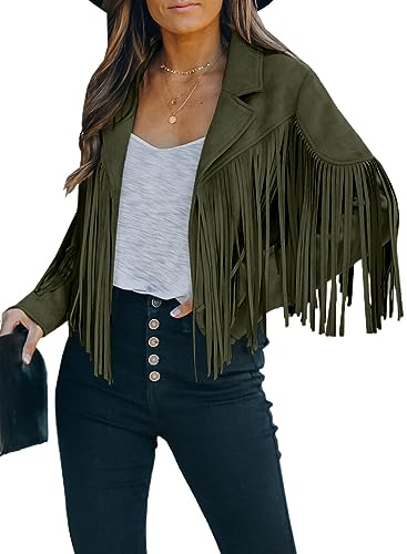 Daysskk Veste en faux daim pour femme - Manches longues et franges - Style western, vert militaire, L