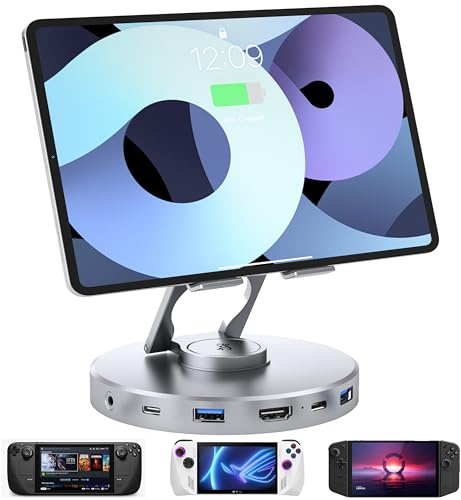 Station d'accueil YCE Station d'accueil Portable 6 en 1 Hub USB C avec HDMI 4K à 60 Hz, PD 100 W, Prise Audio 3,5 mm, USB A, Support de Tablette Pliable Rotatif USB C de Type C pour iPad, Steam Deck,