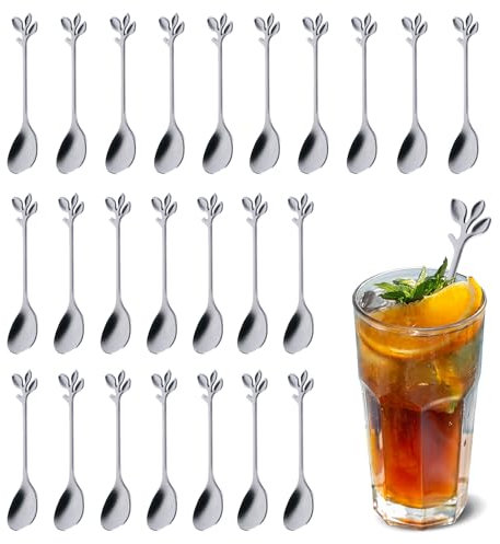 MEGAVOW 24 Pieces Tea Coffee Spoons Set, Stainless Steel Leaf Dessert Spoons, Vintage Tiny Teaspoons for Sugar, Espresso, Latte, Cake, Ice Cream (Silver)