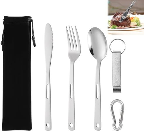 AFASOES Bestecksets, Campingbesteck aus Edelstahl mit Etui Camping Besteck Set Tragbare 6 Stück Geschirr mit Messer, Gabel, Löffel Flaschenöffner Reisebesteck Set für Reise Picknick Outdoor
