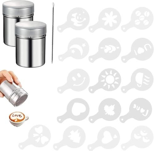 AHEJIOO Confezione da 2 spandicuccheriera in acciaio inox con 16 pezzi/set di caffè disegno a forma di cappuccino e spargitore per caffè, spargicacao, coperchio a maglia fine, per cucina, casa,
