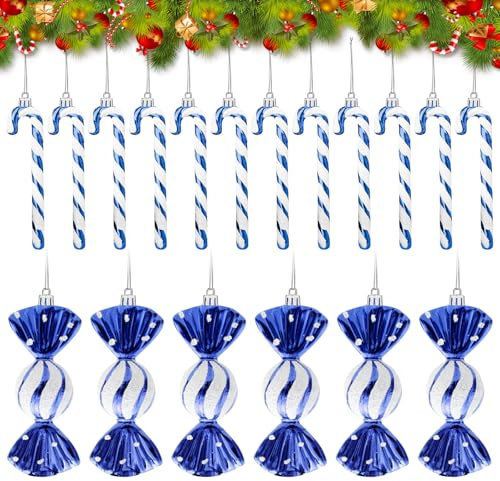 18 stycken polkagrisar jul dekoration polkagrisar julgran, julkulor glitter julgransprydnad blå vit, hängande julgransdekorationer ornament julfest dekoration