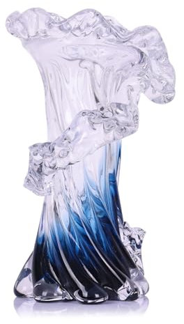 LINYTHER Vaso ondulato in vetro di Murano, in vetro soffiato a mano, vaso di vetro soffiato a mano, vaso di fiori in vetro a tema oceano costiero centrotavola casa moderna ufficio ingresso tavolo