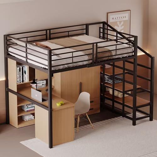 Hochbett 140 x 200 Stabile Metallkonstruktion mit geräumigem Stauraum unter dem Bett und Treppe Ideal für Kinder und Erwachsene Stauraumbett für maximale Platzeffizienz (Schwarz)