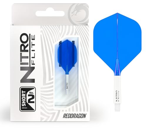 RED DRAGON Darts – Nitro Flite Integrada Sistema de Vuelo y Eje – No.2 Forma y diseño – Blanco & Azul Color, Longitud Corta
