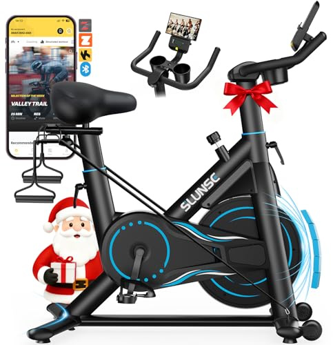 SLUNSE Exercise Bike for Home Use, Adjustable Magnetic Resistance Spin bike with Smart APP, Home Gym Equipment Stationary Bike with Dumbbell Rack, Pull Cord, Large Non-slip Mat, 180KG Weight Capacity